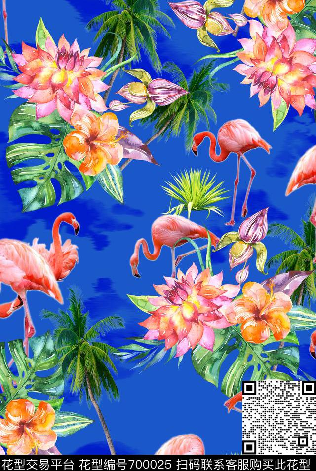 热带风情水彩花卉火烈鸟数码印花华亿平台下载（图片编号: 700025） - 瓦栏（Walan）