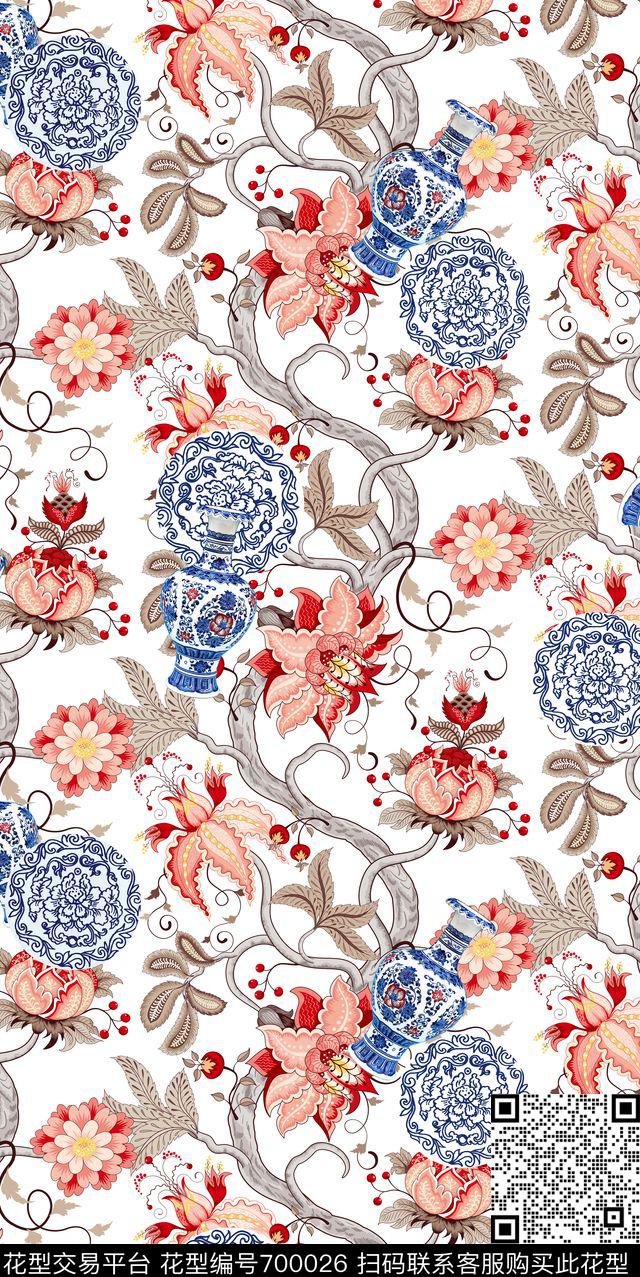 复古花卉青瓷组合数码印花华亿平台下载（图片编号: 700026） - 瓦栏（Walan）