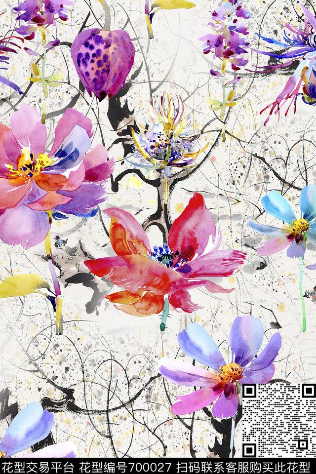 大花水彩花卉数码印花华亿平台下载（图片编号: 700027） - 瓦栏（Walan）