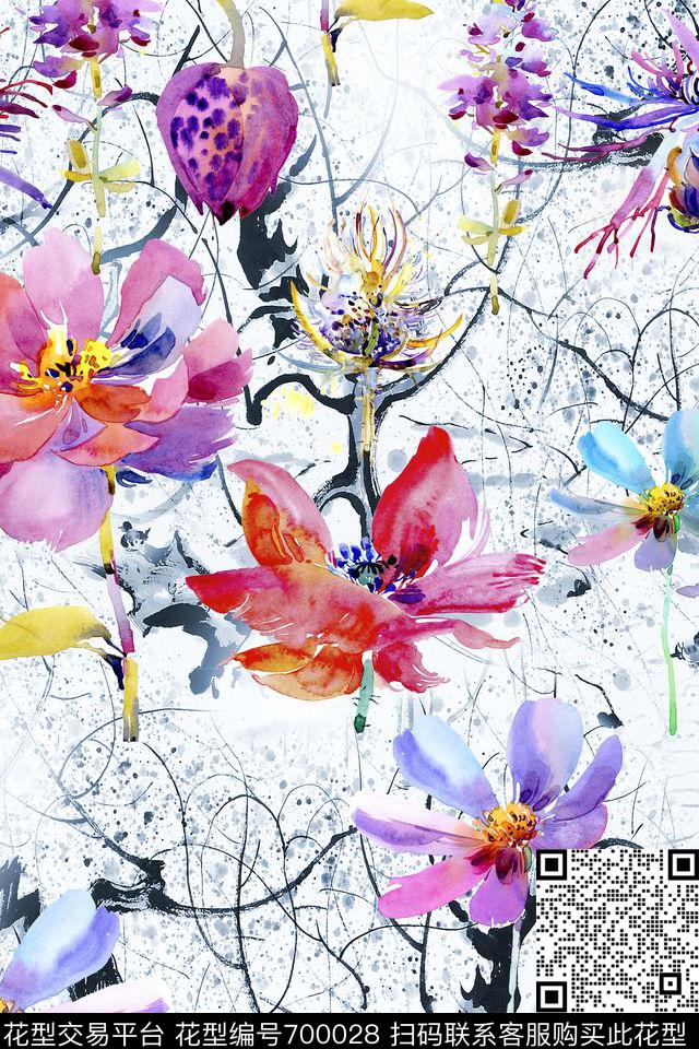 大花水彩花卉数码印花华亿平台下载（图片编号: 700028） - 瓦栏（Walan）