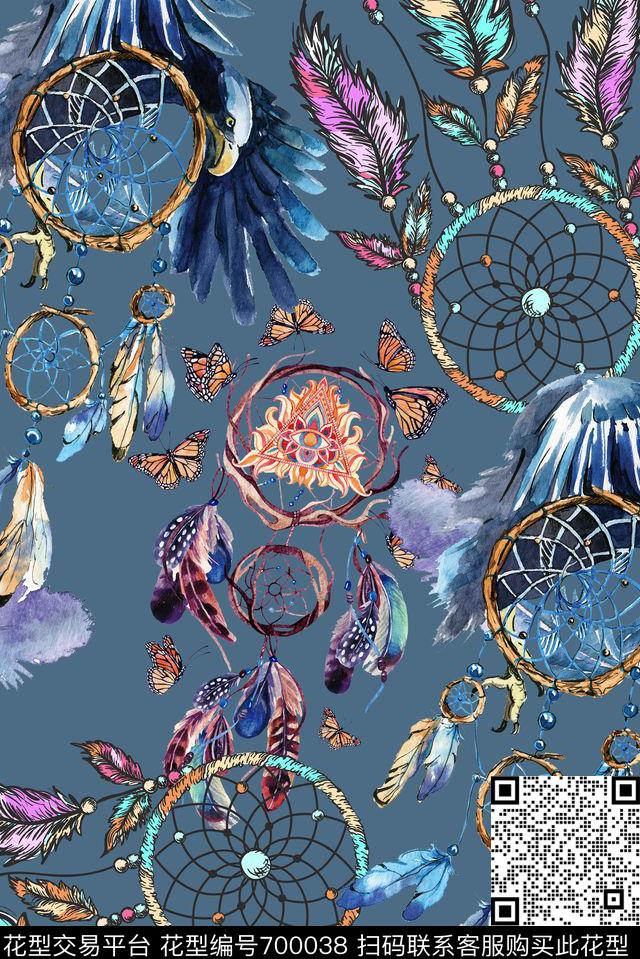 手绘羽毛花卉数码印花华亿平台下载（图片编号: 700038） - 瓦栏（Walan）