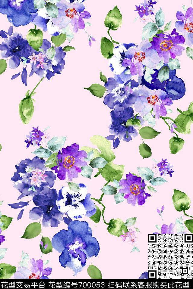 浪漫水彩花卉手绘花卉清爽底花卉数码印花华亿平台下载（图片编号: 700053） - 瓦栏（Walan）