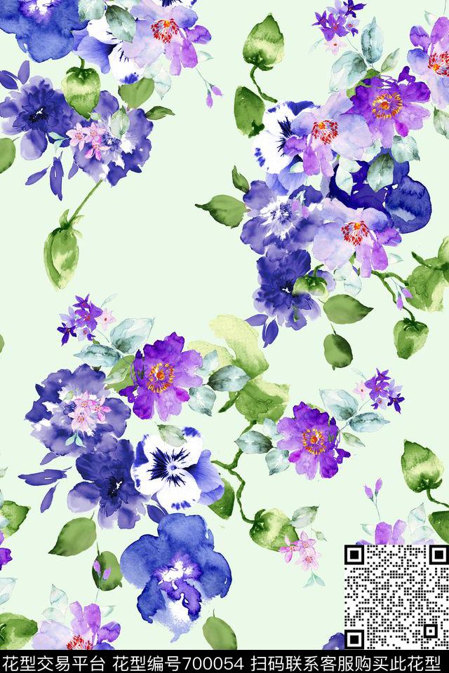 浪漫水彩花卉传统印花华亿平台下载（图片编号: 700054） - 瓦栏（Walan）
