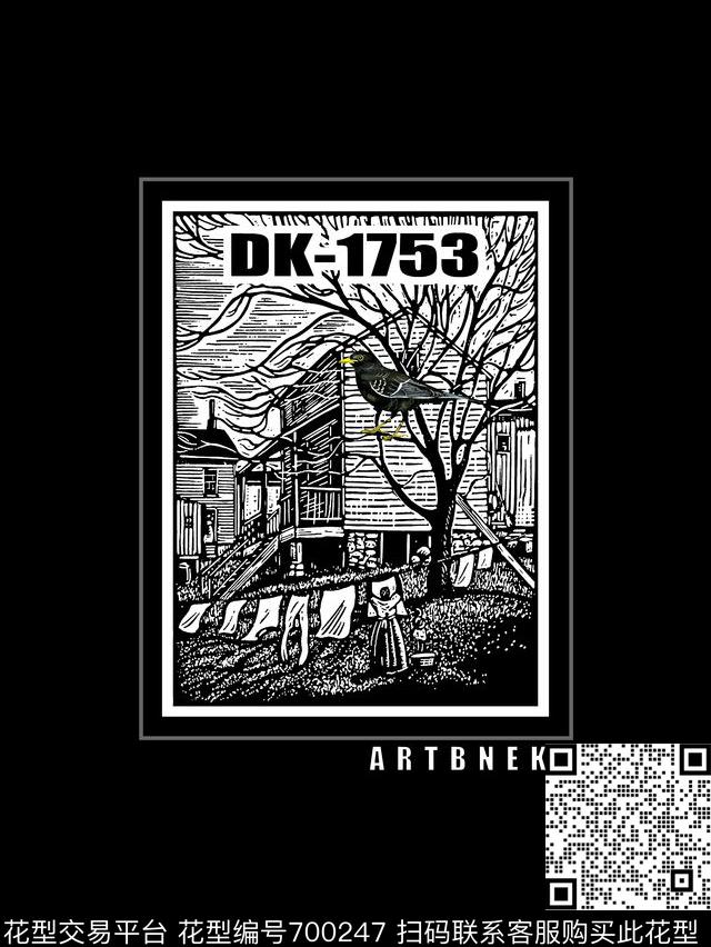 复古房子树枝男装T恤数码印花华亿平台下载（图片编号: 700247） - 瓦栏（Walan）