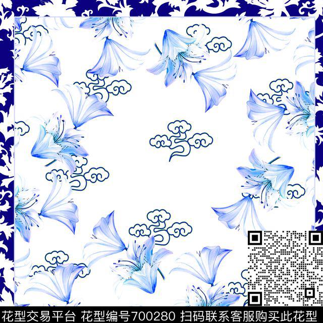 方巾靑花瓷中国风数码印花华亿平台下载（图片编号: 700280） - 瓦栏（Walan）