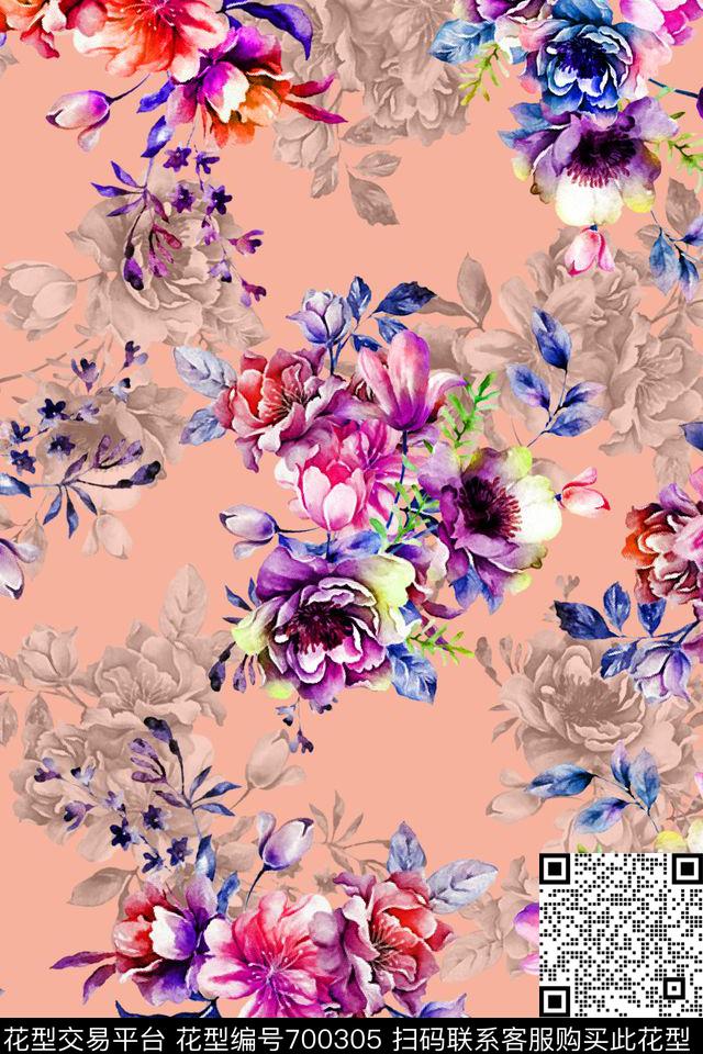 浪漫水彩花卉数码印花华亿平台下载（图片编号: 700305） - 瓦栏（Walan）