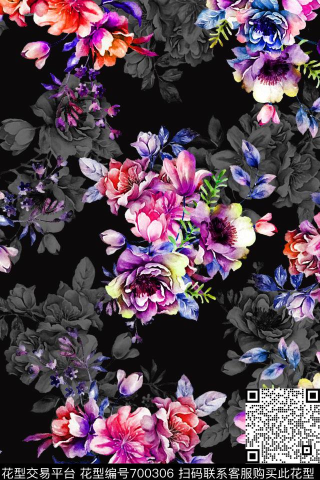 浪漫水彩花卉数码印花华亿平台下载（图片编号: 700306） - 瓦栏（Walan）
