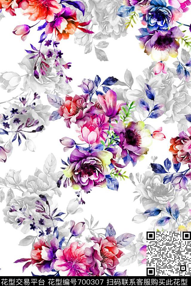 浪漫水彩花卉数码印花华亿平台下载（图片编号: 700307） - 瓦栏（Walan）