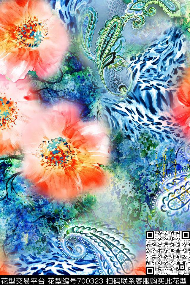 花卉豹纹大花数码印花华亿平台下载（图片编号: 700323） - 瓦栏（Walan）