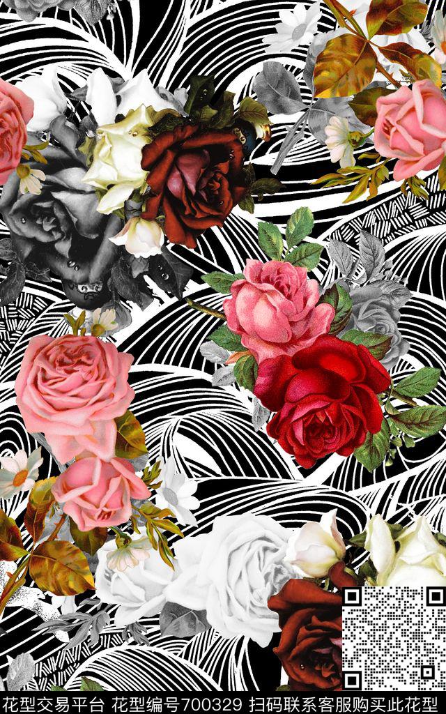 花朵大花卉水波纹底板数码印花华亿平台下载（图片编号: 700329） - 瓦栏（Walan）