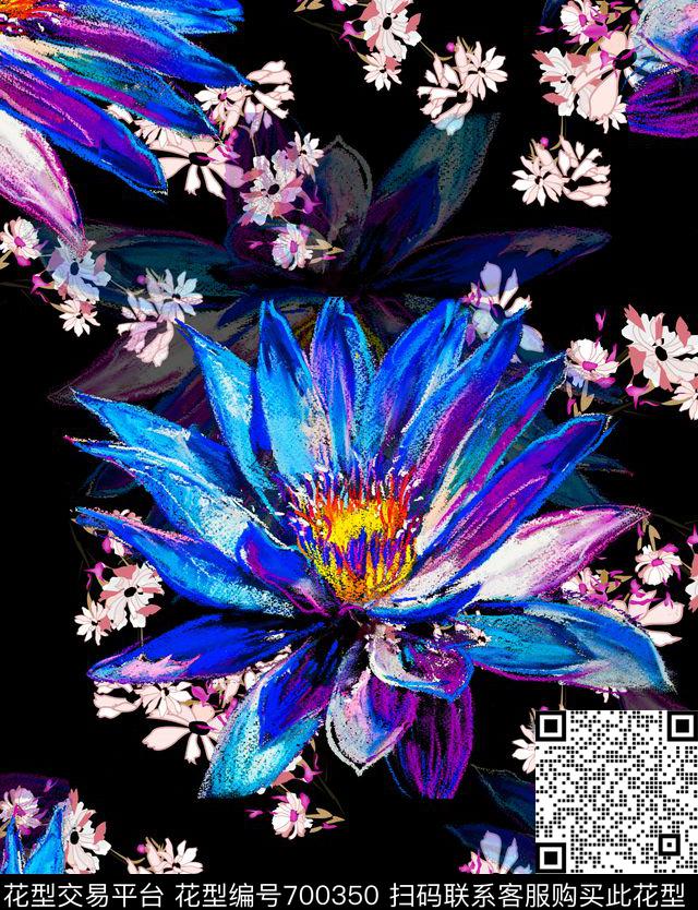 蓝莲花小碎花花卉数码印花华亿平台下载（图片编号: 700350） - 瓦栏（Walan）