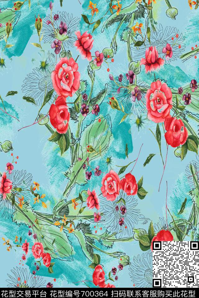 水彩线描花卉数码印花华亿平台下载（图片编号: 700364） - 瓦栏（Walan）