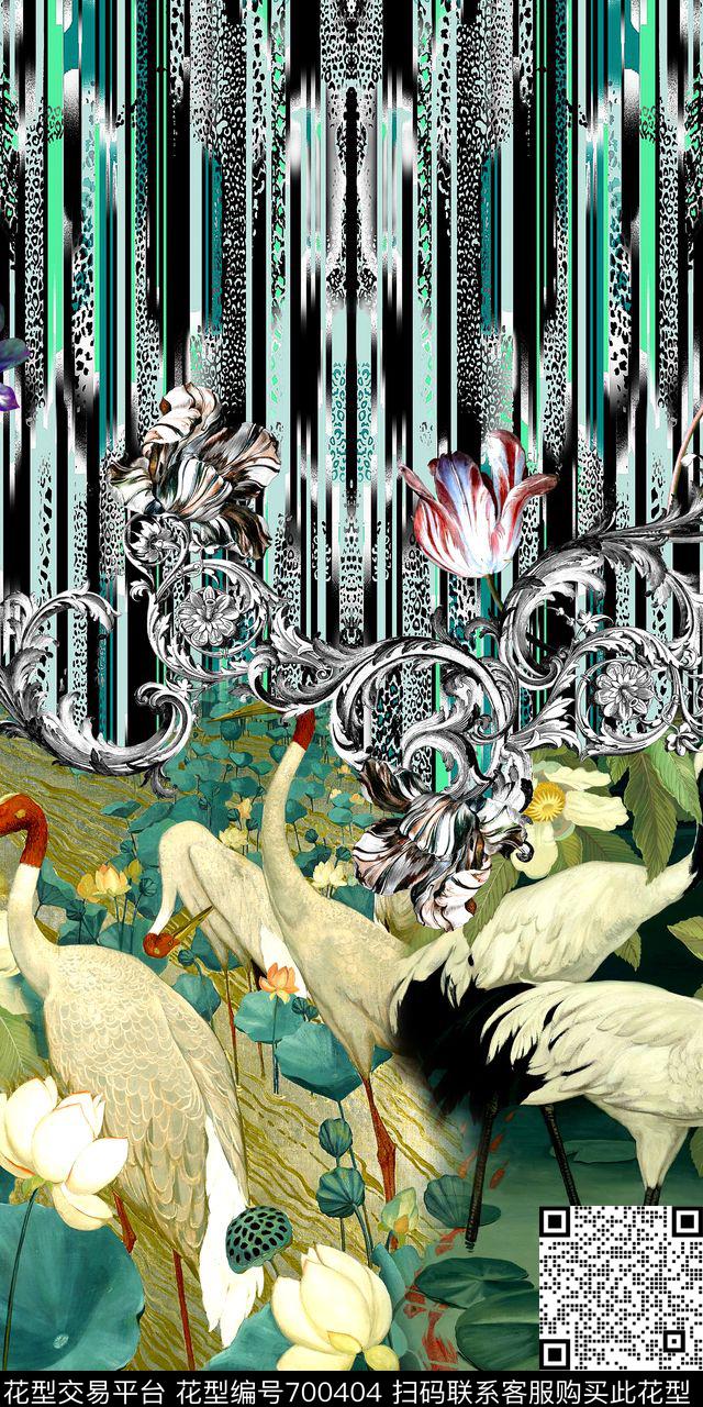 时尚仙鹤条纹数码印花华亿平台下载（图片编号: 700404） - 瓦栏（Walan）