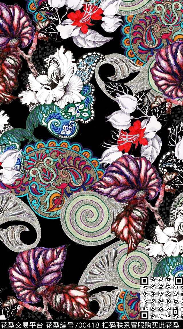 佩斯利漩涡火腿纹素描花卉数码印花华亿平台下载（图片编号: 700418） - 瓦栏（Walan）
