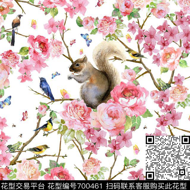水彩手绘花鸟DG松鼠昆虫花鸟桃花花卉数码印花华亿平台下载（图片编号: 700461） - 瓦栏（Walan）