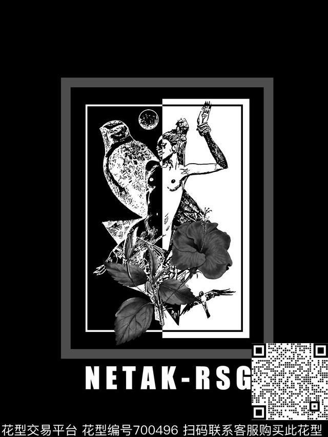 花卉人物像男装T恤数码印花华亿平台下载（图片编号: 700496） - 瓦栏（Walan）