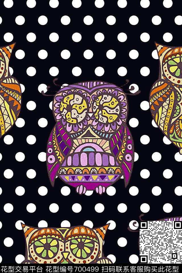 手绘几何猫头鹰女装波点印花彩绘印花数码印花华亿平台下载（图片编号: 700499） - 瓦栏（Walan）