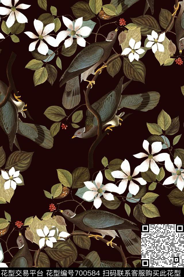手绘植物花卉动物鸟类数码印花时尚潮流女装清爽印花大牌复古渐变印花数码印花华亿平台下载（图片编号: 700584） - 瓦栏（Walan）