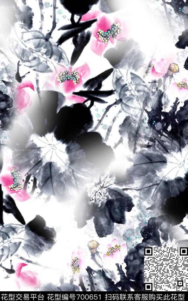 中国风国画荷花数码印花华亿平台下载（图片编号: 700651） - 瓦栏（Walan）