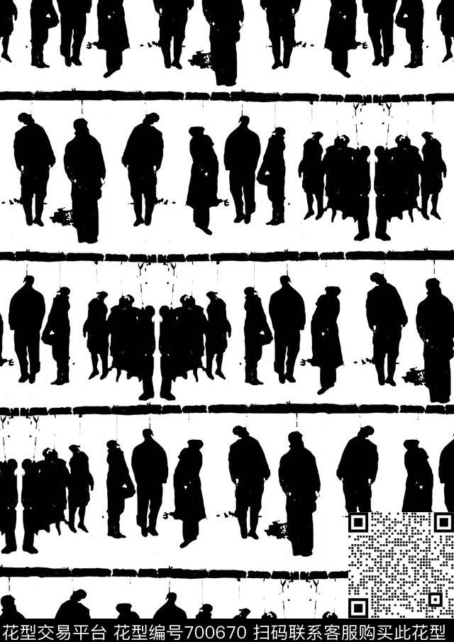 黑白休闲人物传统印花华亿平台下载（图片编号: 700670） - 瓦栏（Walan）