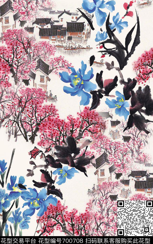 中国风国画桃花数码印花华亿平台下载（图片编号: 700708） - 瓦栏（Walan）
