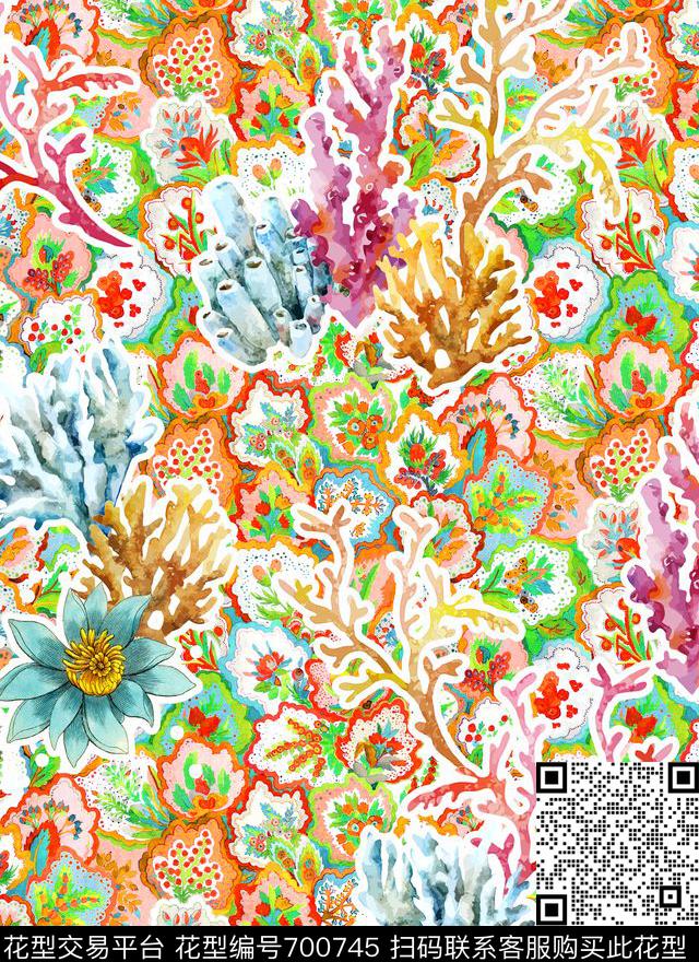 珊瑚花卉格子数码印花华亿平台下载（图片编号: 700745） - 瓦栏（Walan）
