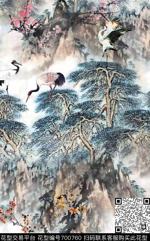 中国风国画松树山水数码印花华亿平台下载（图片编号: 700760） - 瓦栏（Walan）