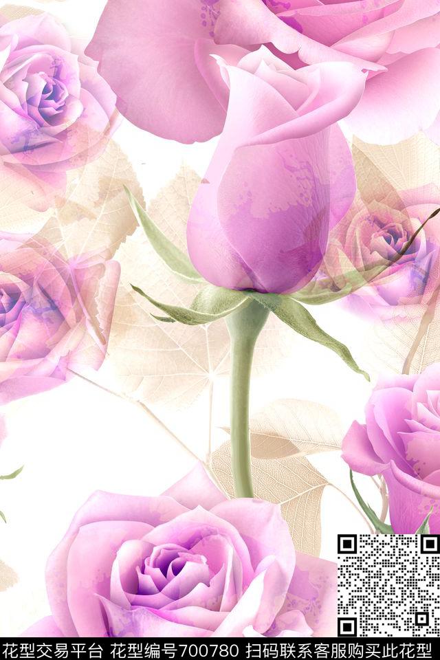 大花水彩玫瑰数码印花华亿平台下载（图片编号: 700780） - 瓦栏（Walan）