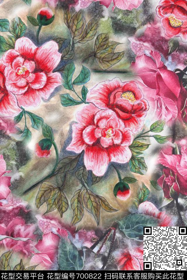 手绘水彩画花卉数码印花女装裙子复古印花玫瑰花数码印花华亿平台下载（图片编号: 700822） - 瓦栏（Walan）