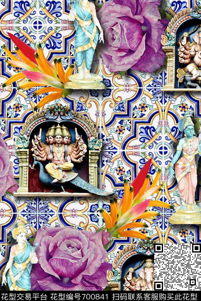 民族风佛像几何数码印花华亿平台下载（图片编号: 700841） - 瓦栏（Walan）