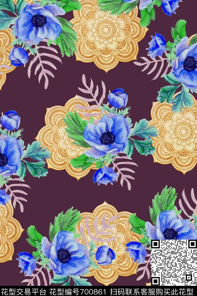 民族风水彩花卉数码印花华亿平台下载（图片编号: 700861） - 瓦栏（Walan）