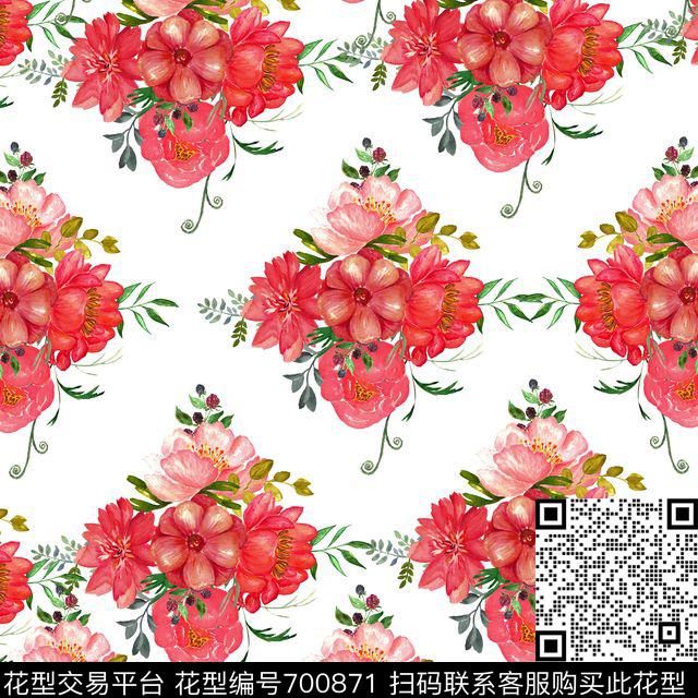 牡丹玫瑰花朵数码印花华亿平台下载（图片编号: 700871） - 瓦栏（Walan）