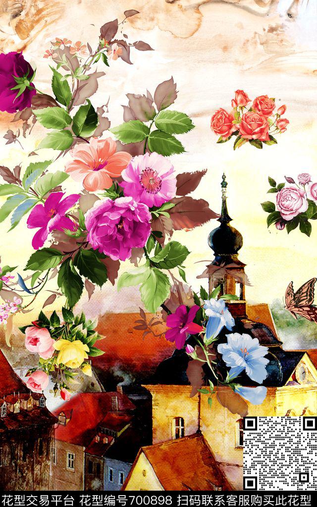 花朵欧式城堡大花卉数码印花华亿平台下载（图片编号: 700898） - 瓦栏（Walan）