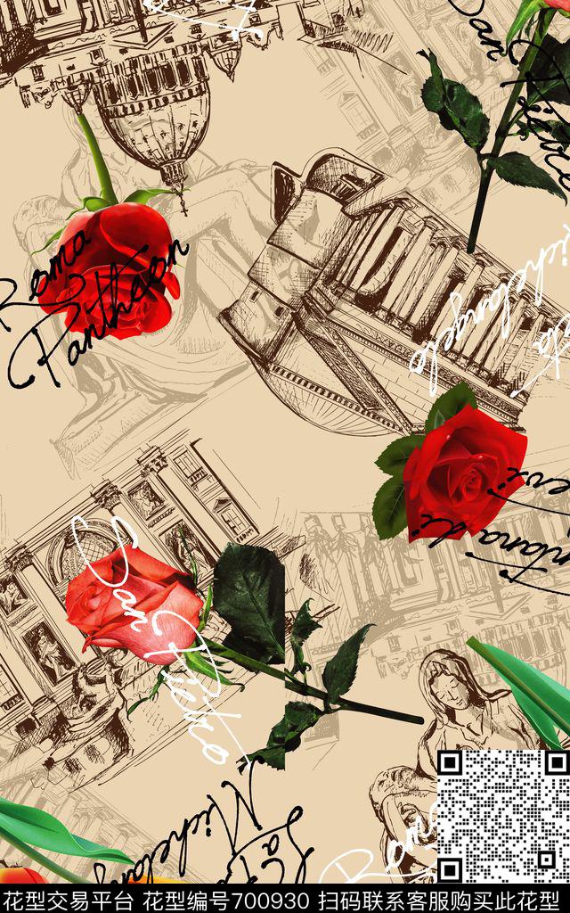 花朵玫瑰字母数码印花华亿平台下载（图片编号: 700930） - 瓦栏（Walan）
