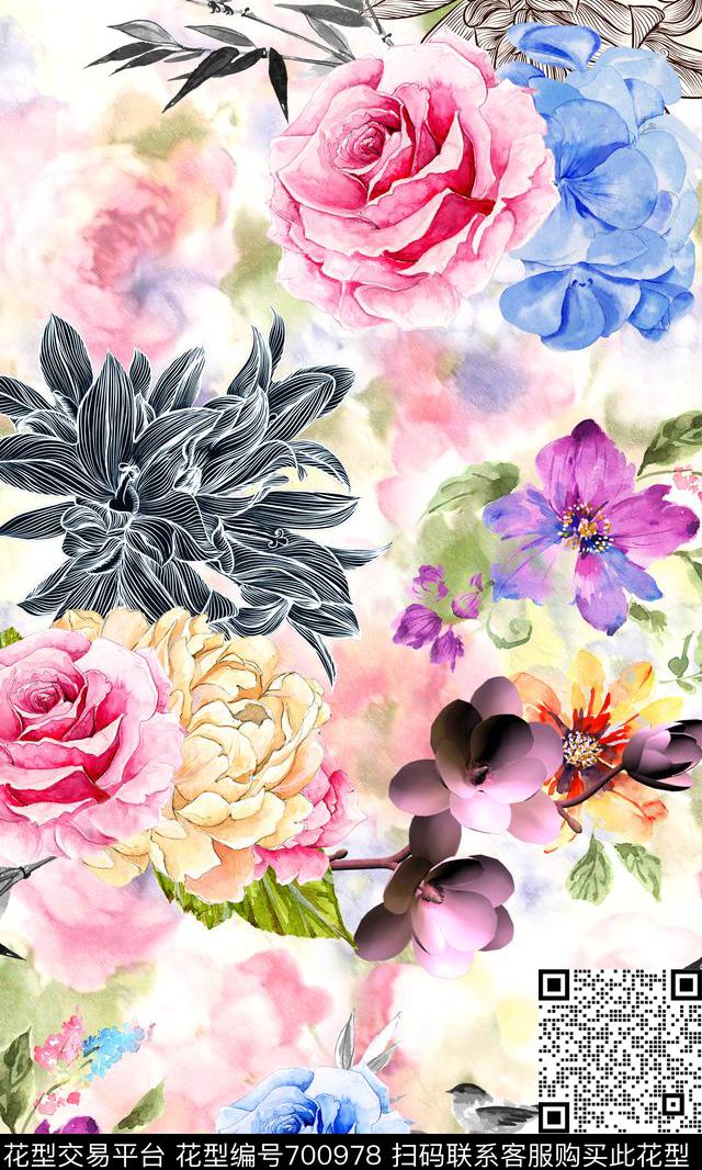 手绘玫瑰花朵花卉数码印花华亿平台下载（图片编号: 700978） - 瓦栏（Walan）