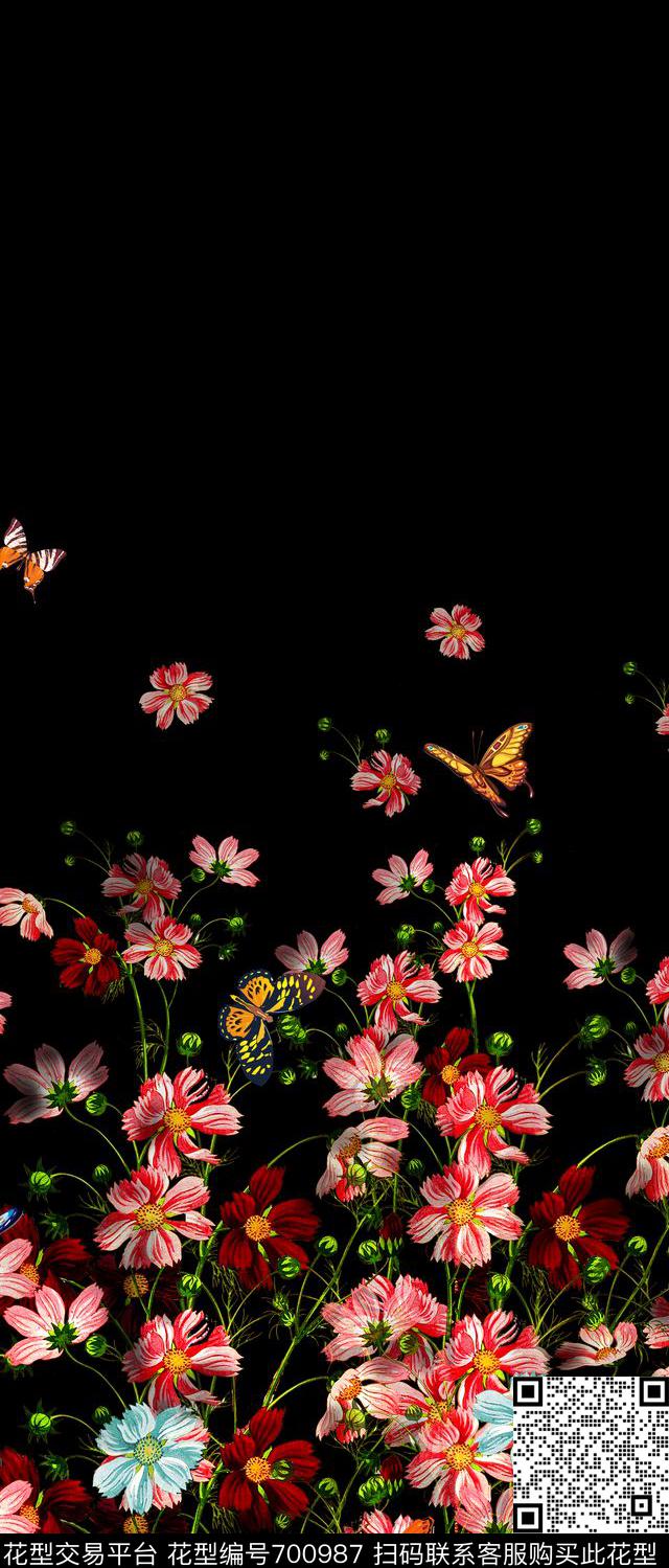 蝴蝶花卉定位花传统印花华亿平台下载（图片编号: 700987） - 瓦栏（Walan）
