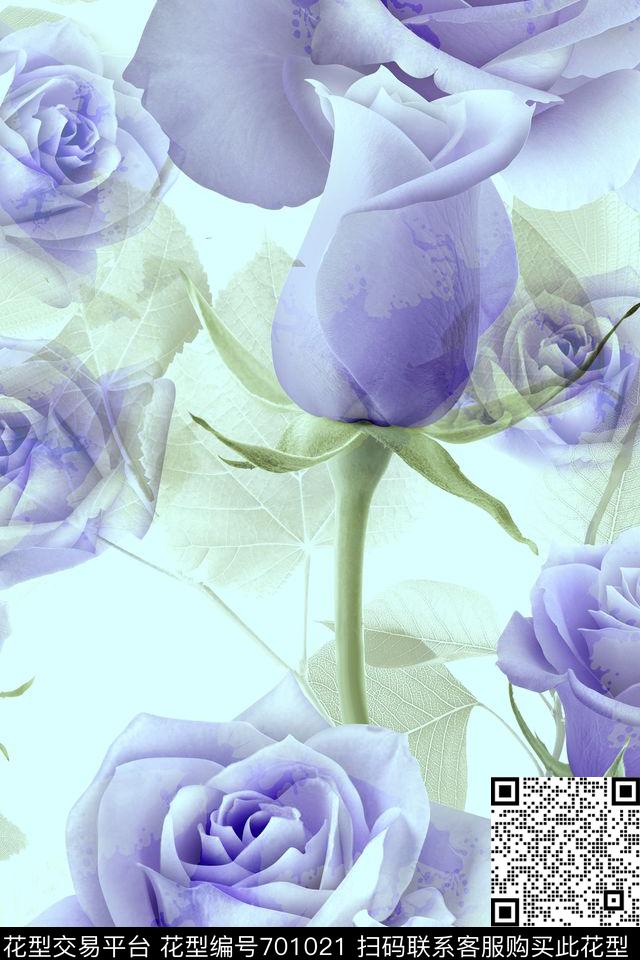大花水彩玫瑰数码印花华亿平台下载（图片编号: 701021） - 瓦栏（Walan）