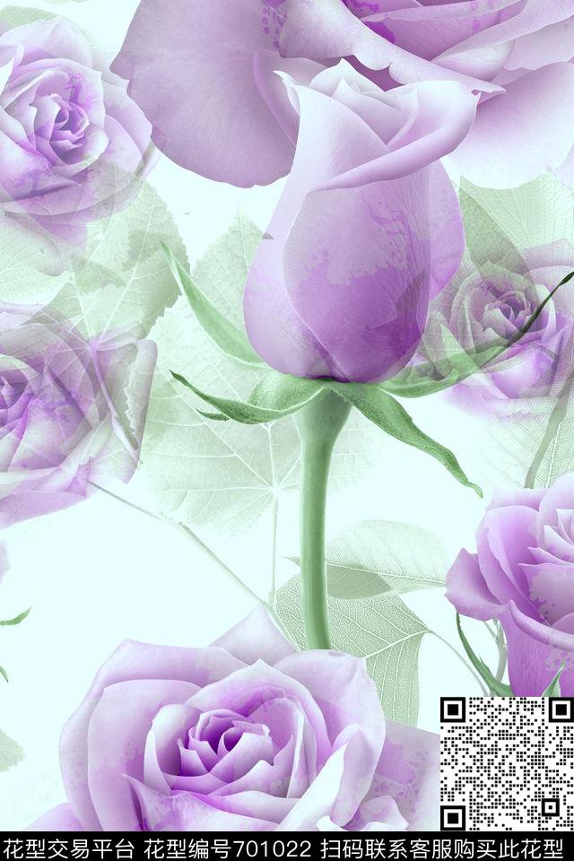 大花水彩玫瑰数码印花华亿平台下载（图片编号: 701022） - 瓦栏（Walan）