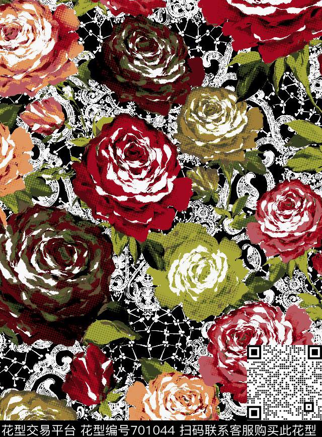 玫瑰花卉大花数码印花华亿平台下载（图片编号: 701044） - 瓦栏（Walan）