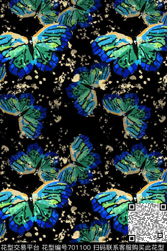 抽象时尚青蓝雅韵系列创意蝴蝶数码印花华亿平台下载（图片编号: 701100） - 瓦栏（Walan）