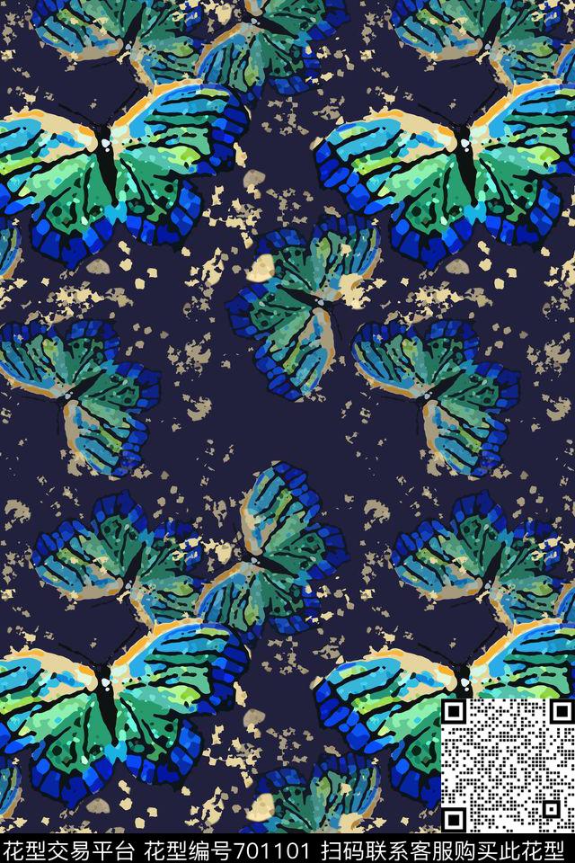 抽象时尚青蓝雅韵系列创意蝴蝶数码印花华亿平台下载（图片编号: 701101） - 瓦栏（Walan）