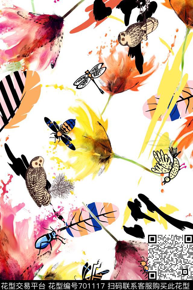 抽象花卉猫头鹰昆虫数码印花华亿平台下载（图片编号: 701117） - 瓦栏（Walan）