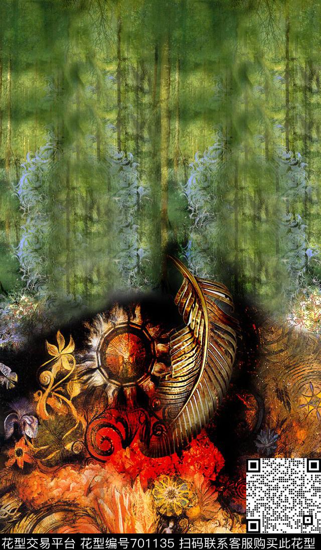 油画肌理风景羽毛数码印花华亿平台下载（图片编号: 701135） - 瓦栏（Walan）