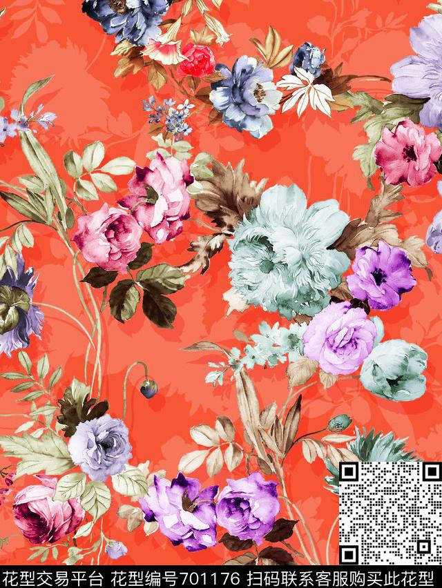 靓丽花卉水彩花数码印花华亿平台下载（图片编号: 701176） - 瓦栏（Walan）