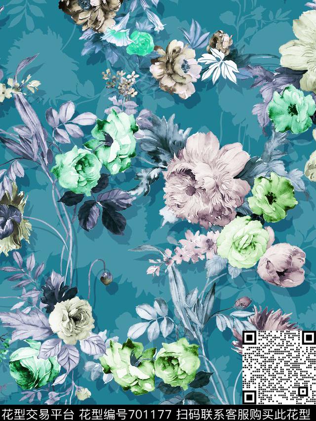 靓丽花卉水彩花数码印花华亿平台下载（图片编号: 701177） - 瓦栏（Walan）