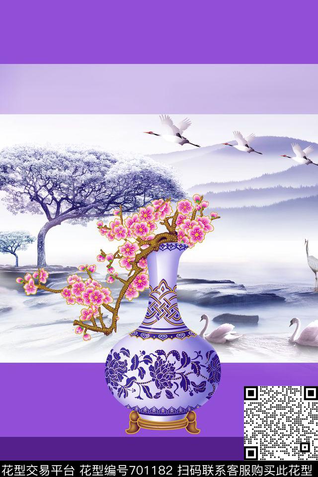 山水画青花瓷民族风数码印花华亿平台下载（图片编号: 701182） - 瓦栏（Walan）