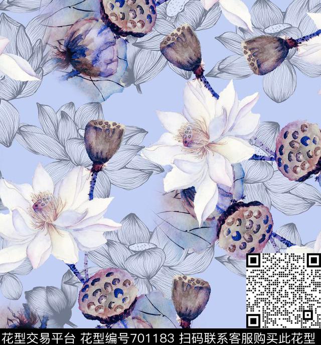 东方韵域荷花中国水墨荷花花卉数码印花华亿平台下载（图片编号: 701183） - 瓦栏（Walan）