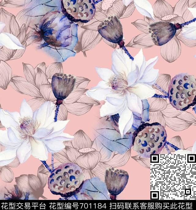 东方韵域荷花中国水墨荷花花卉数码印花华亿平台下载（图片编号: 701184） - 瓦栏（Walan）