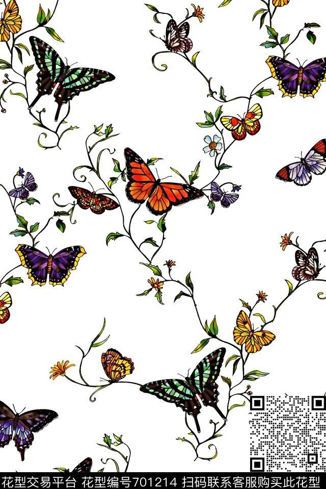 抽象手绘满版蝴蝶小碎花时尚潮流大牌复古欧美风女装花卉数码印花华亿平台下载（图片编号: 701214） - 瓦栏（Walan）