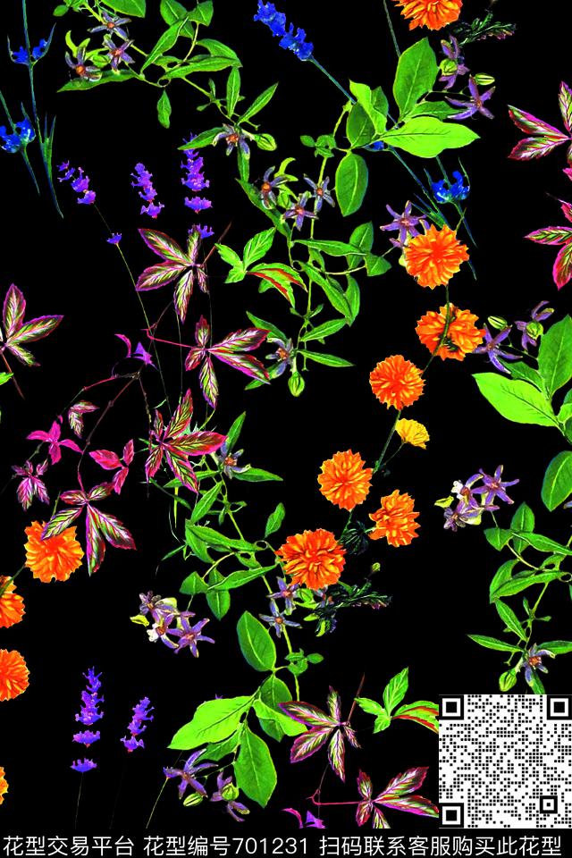 小碎花叶子植物花卉数码印花华亿平台下载（图片编号: 701231） - 瓦栏（Walan）